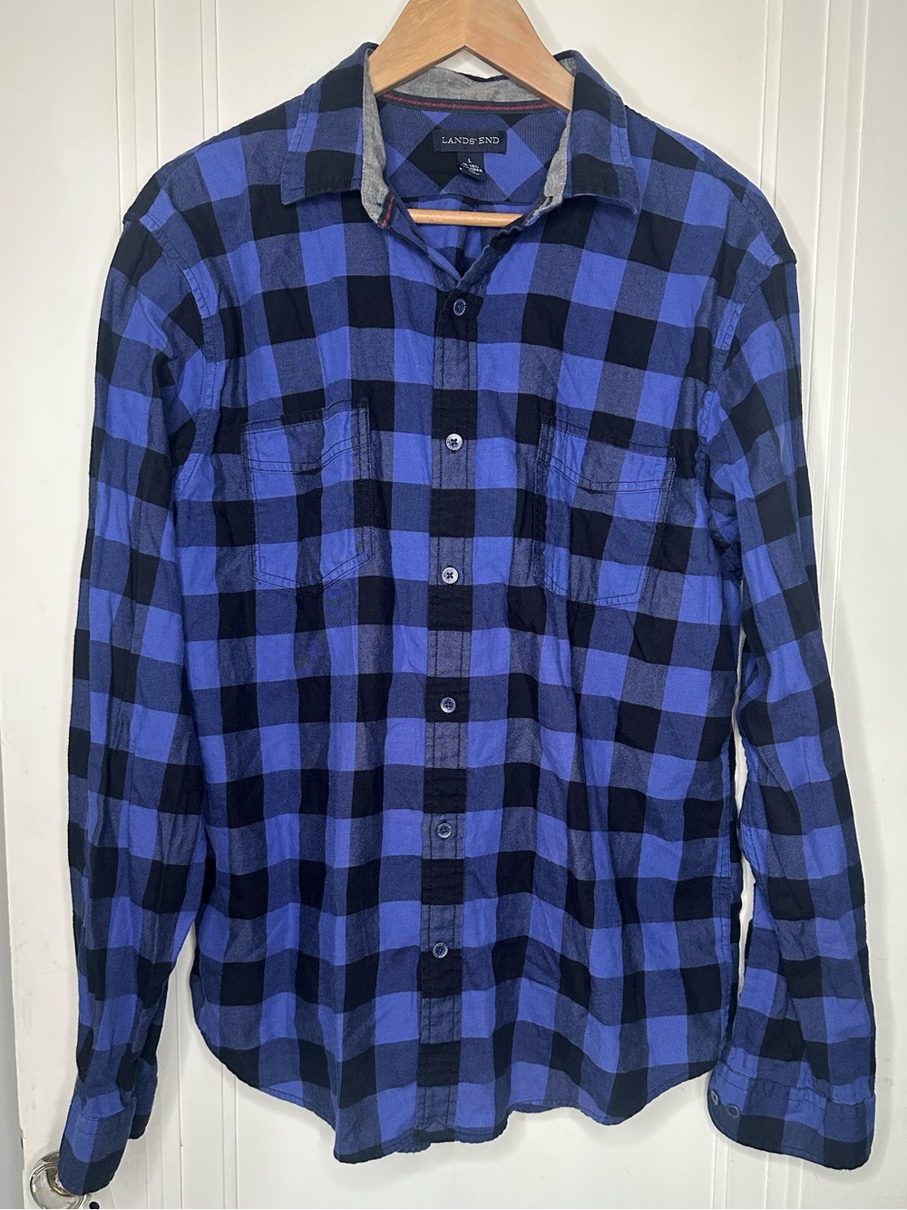 Lands' End Blue and Black Checked Button-Down Shirt 16-15.5 tailored fit